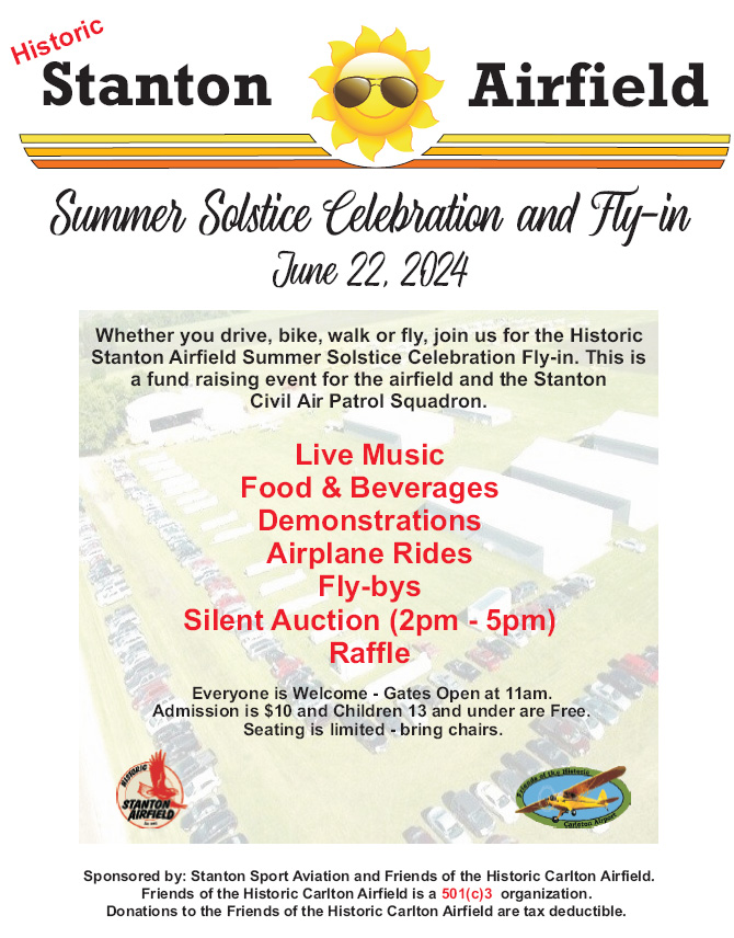 Stanton Airfield Summer Solstice Celebration and Fly-in June 22, 2024, event flyer