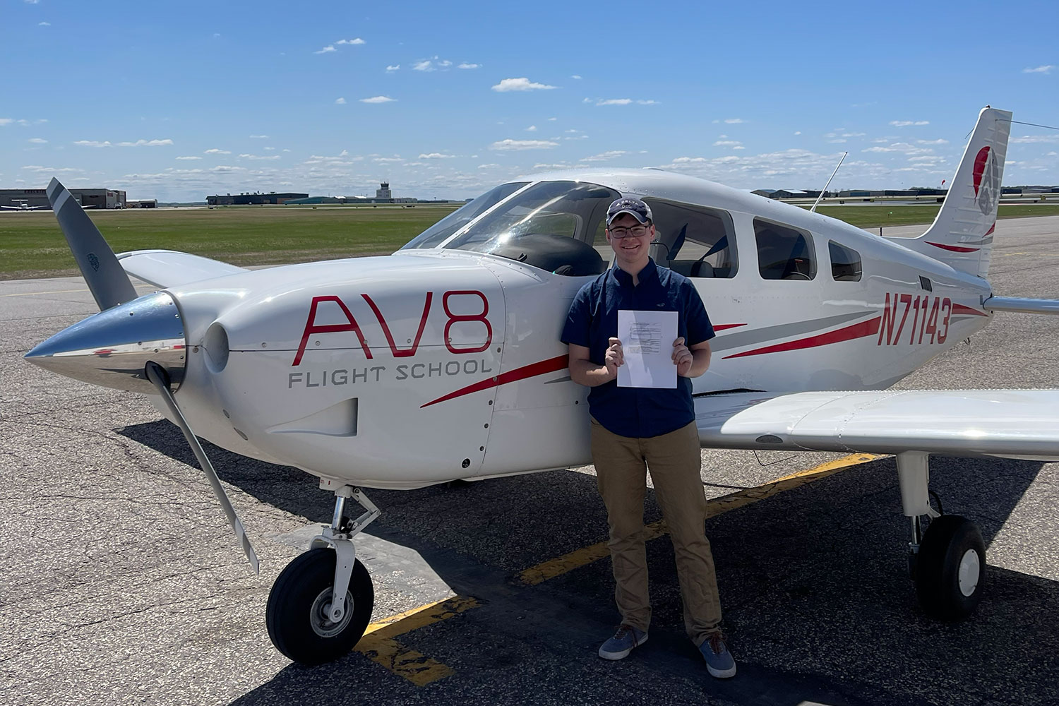 pass-commercial-checkride-AV8 Commercial Checkride Pass, Flight School Aircraft and airport in background
